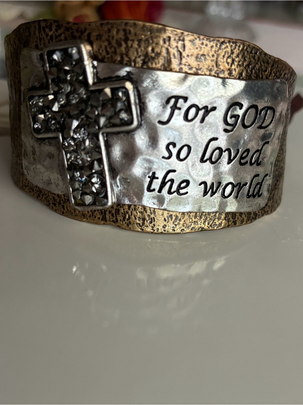 Scripture Cross Cuff Bracelet - Silver & Antique Gold Tone